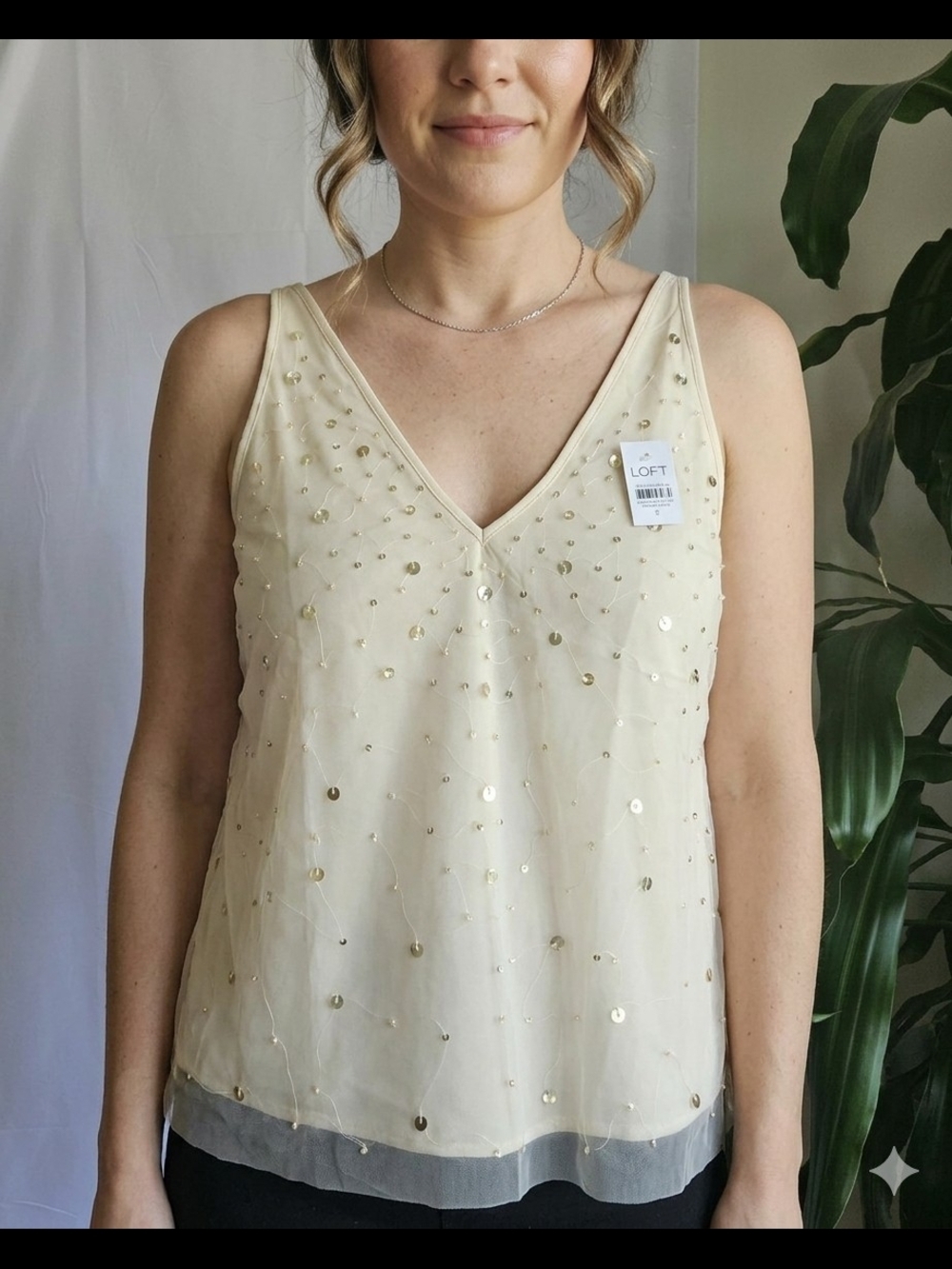 ​LOFT Sequined Mesh Overlay V-Neck Cami Tank Top Cream Ivory NWT Size S